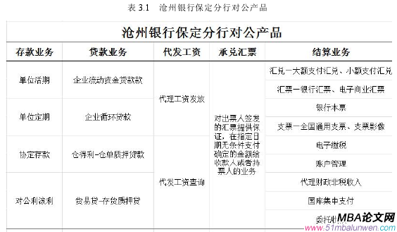 表 3.1 沧州银行保定分行对公产品